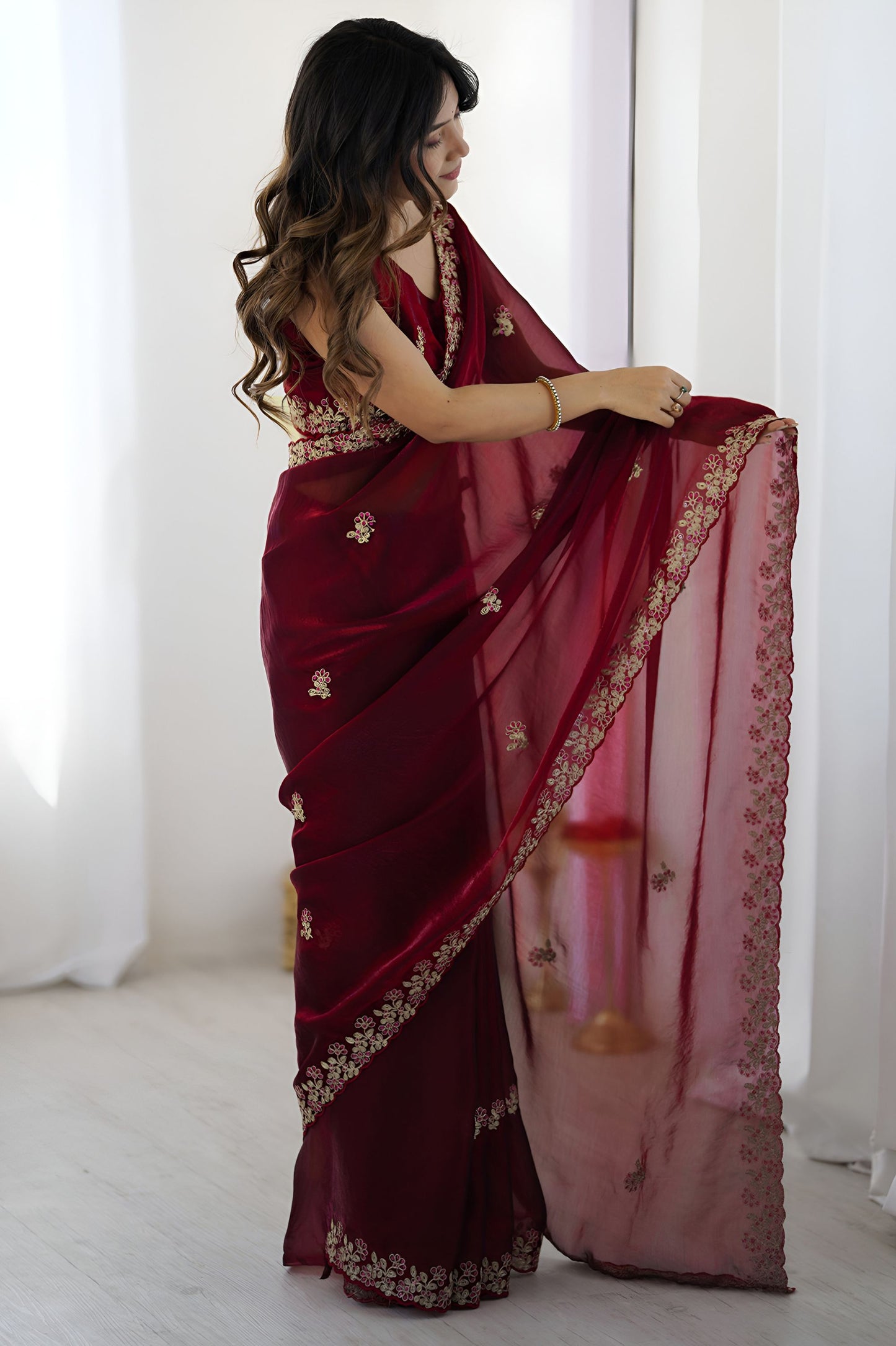 Maroon Embroidered Saree Designer Border Festive Wear