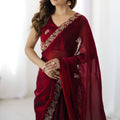 Maroon Embroidered Saree Designer Border Festive Wear