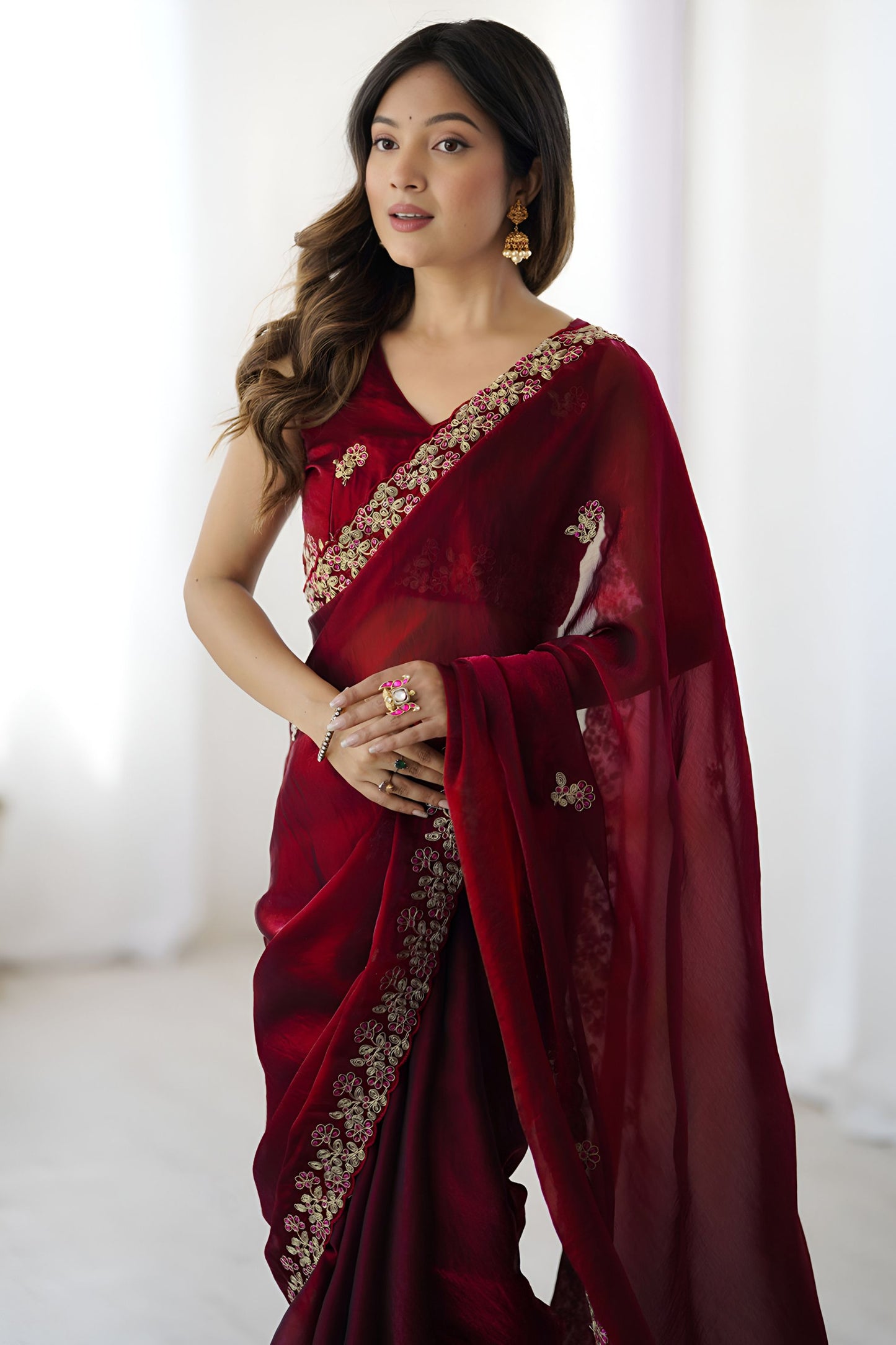 Maroon Embroidered Saree Designer Border Festive Wear