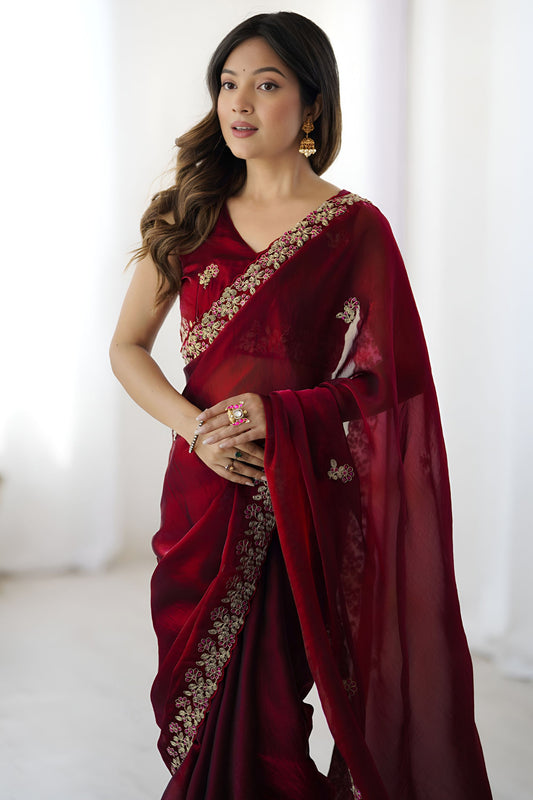 Maroon Embroidered Saree Designer Border Festive Wear
