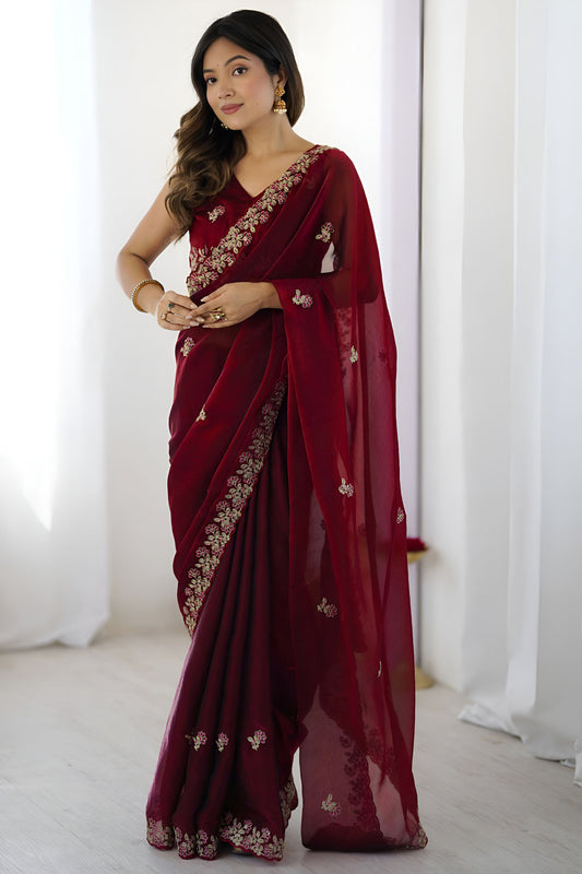 Maroon Embroidered Saree Designer Border Festive Wear