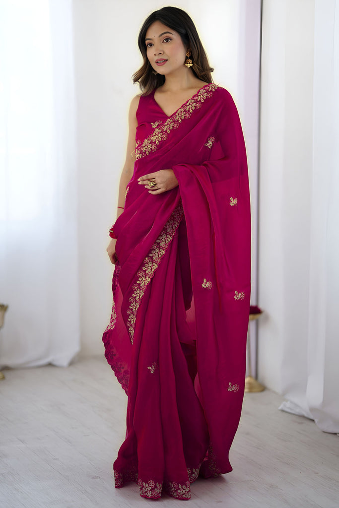 Rani Pink Georgette Saree with Gold Embroidery Border Festive Wear
