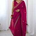 Rani Pink Georgette Saree with Gold Embroidery Border Festive Wear