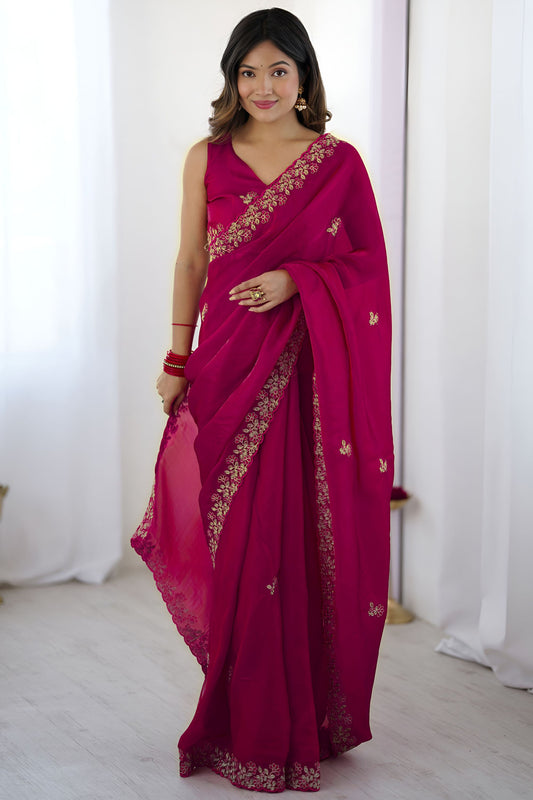 Rani Pink Georgette Saree with Gold Embroidery Border Festive Wear