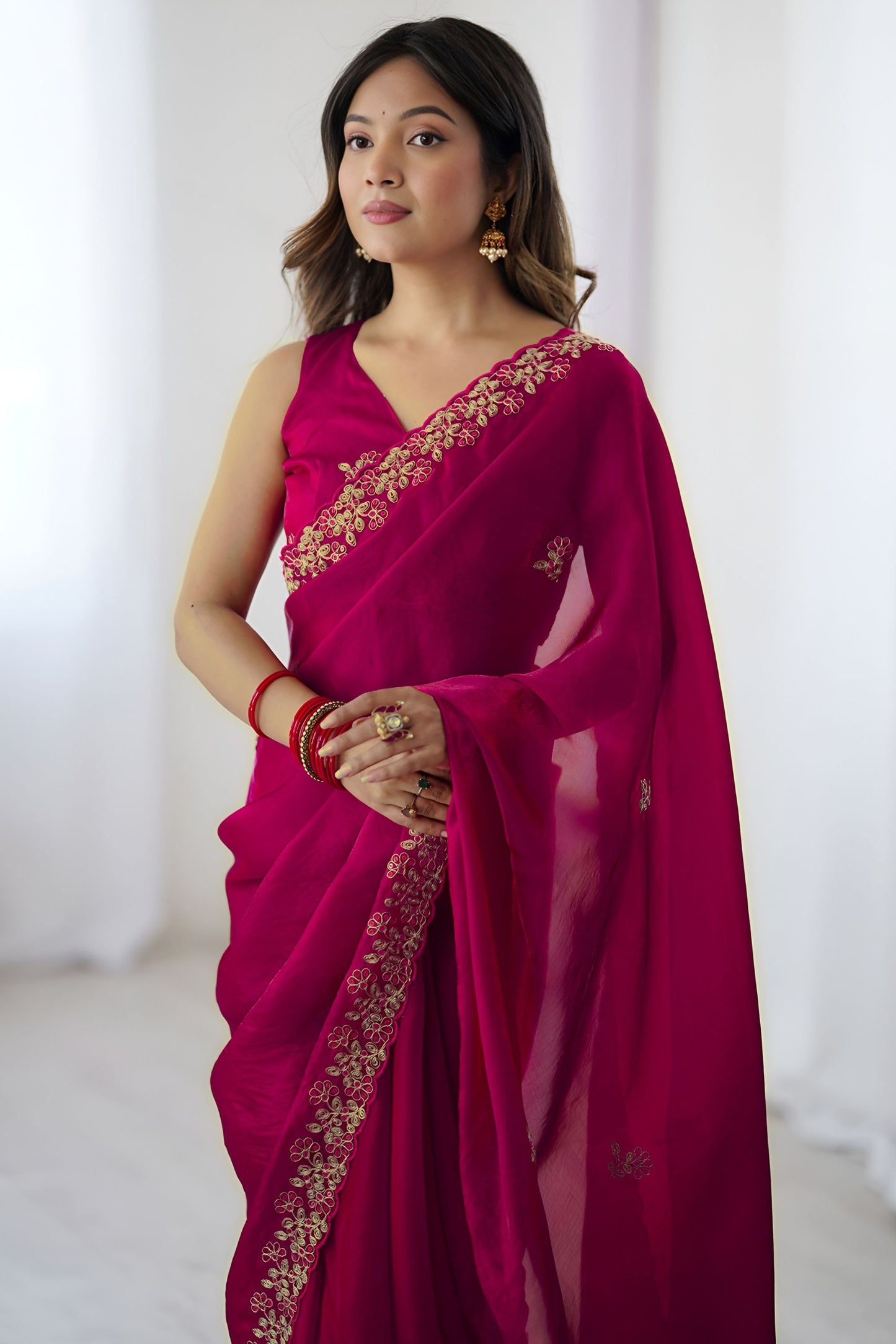 Rani Pink Georgette Saree with Gold Embroidery Border Festive Wear