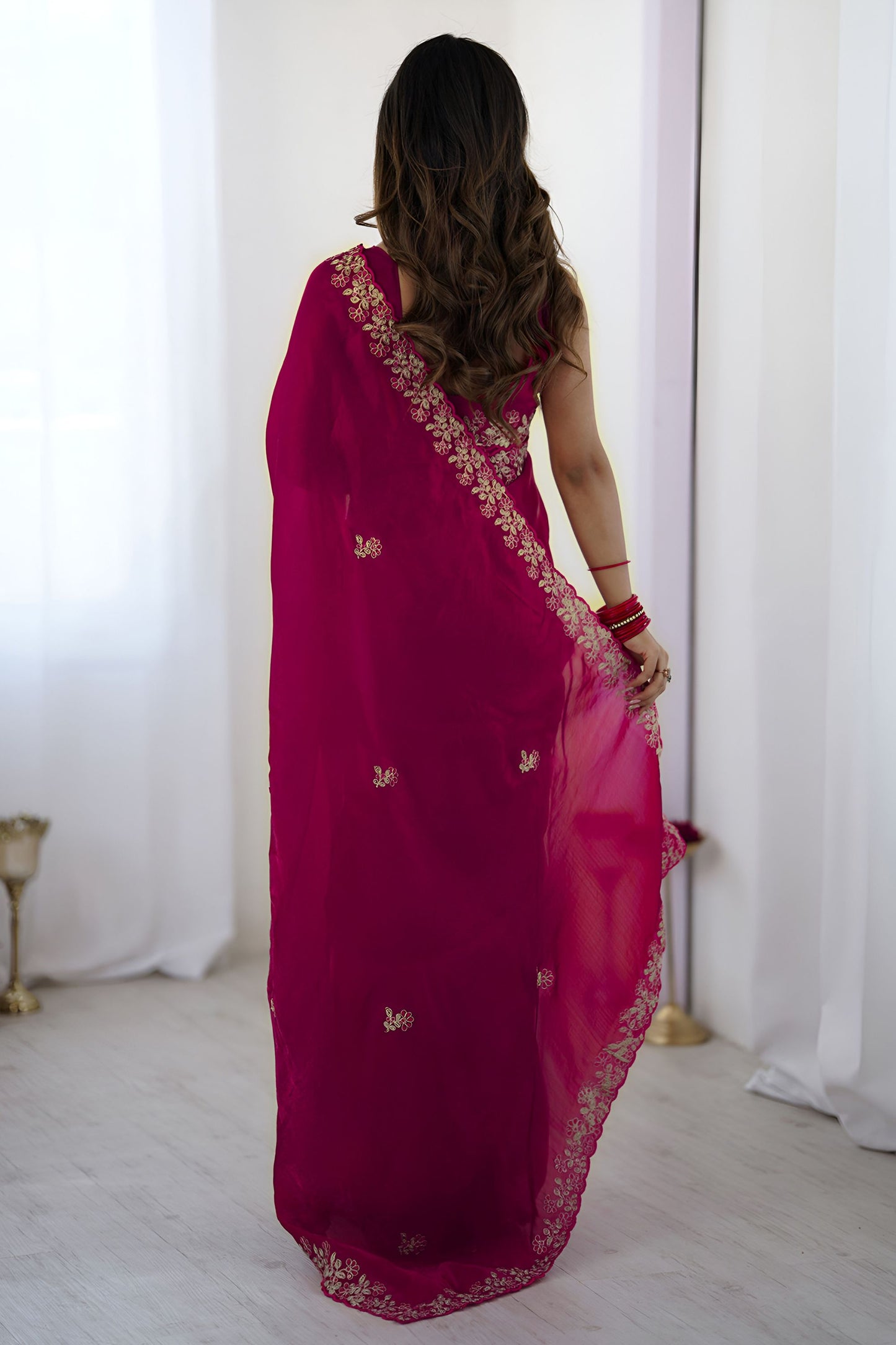 Rani Pink Georgette Saree with Gold Embroidery Border Festive Wear