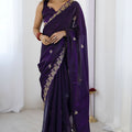 Purple Georgette Saree with Gold Embroidered Border Designer Party Wear