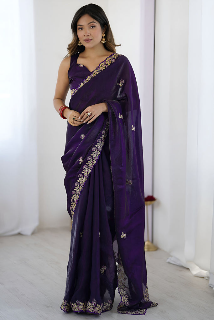 Purple Georgette Saree with Gold Embroidered Border Designer Party Wear