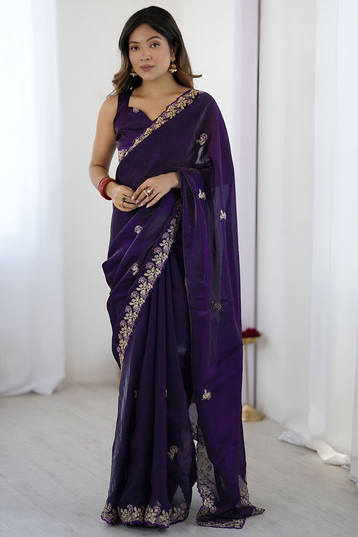 Purple Georgette Saree with Gold Embroidered Border Designer Party Wear