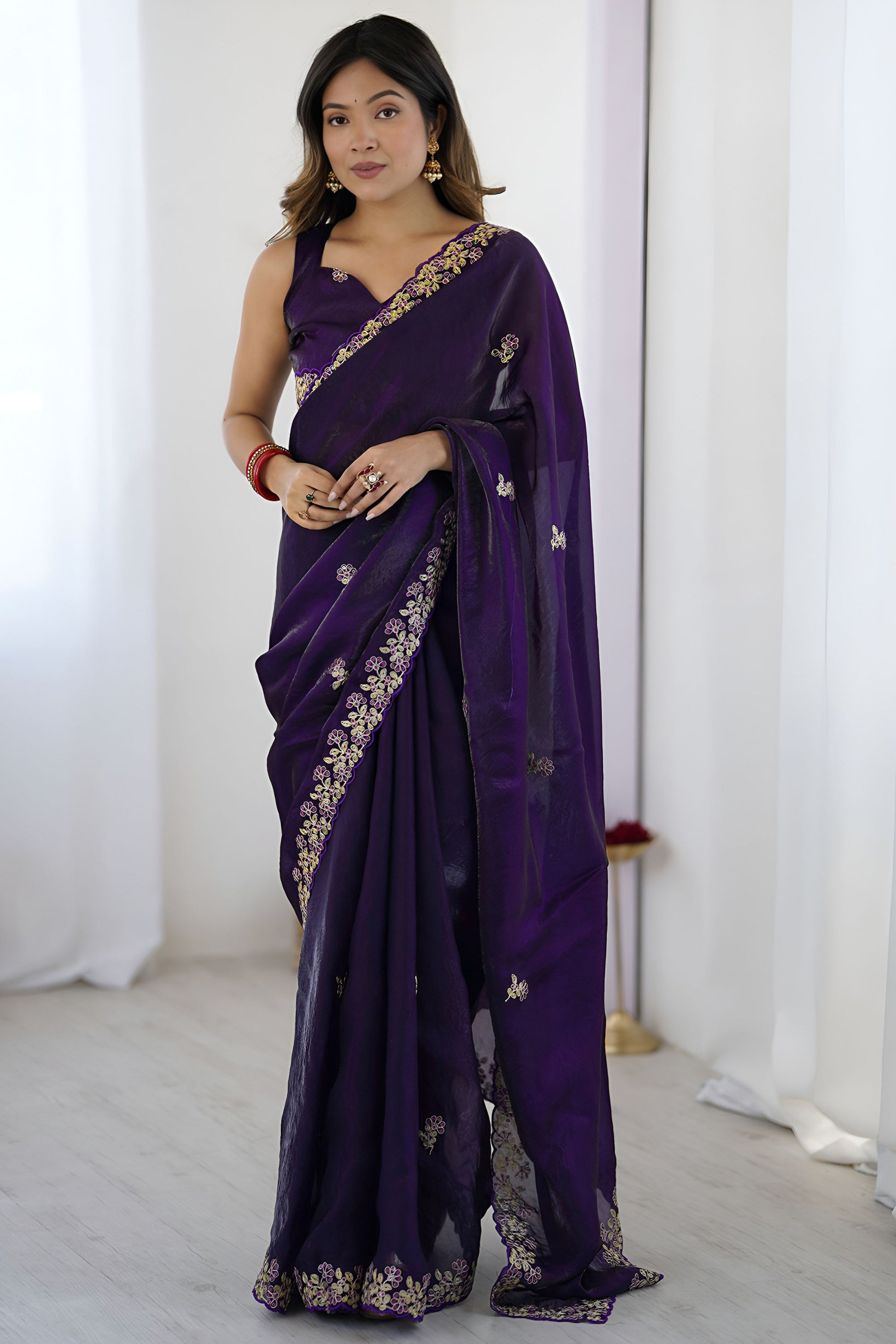 Purple Georgette Saree with Gold Embroidered Border Designer Party Wear