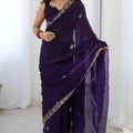 Purple Georgette Saree with Gold Embroidered Border Designer Party Wear