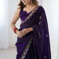 Purple Georgette Saree with Gold Embroidered Border Designer Party Wear