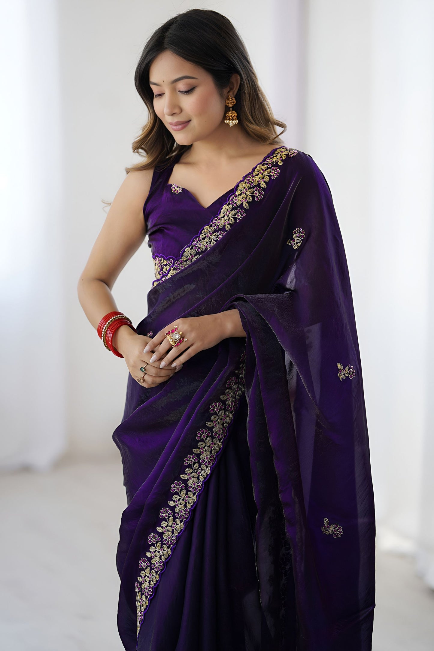 Purple Georgette Saree with Gold Embroidered Border Designer Party Wear