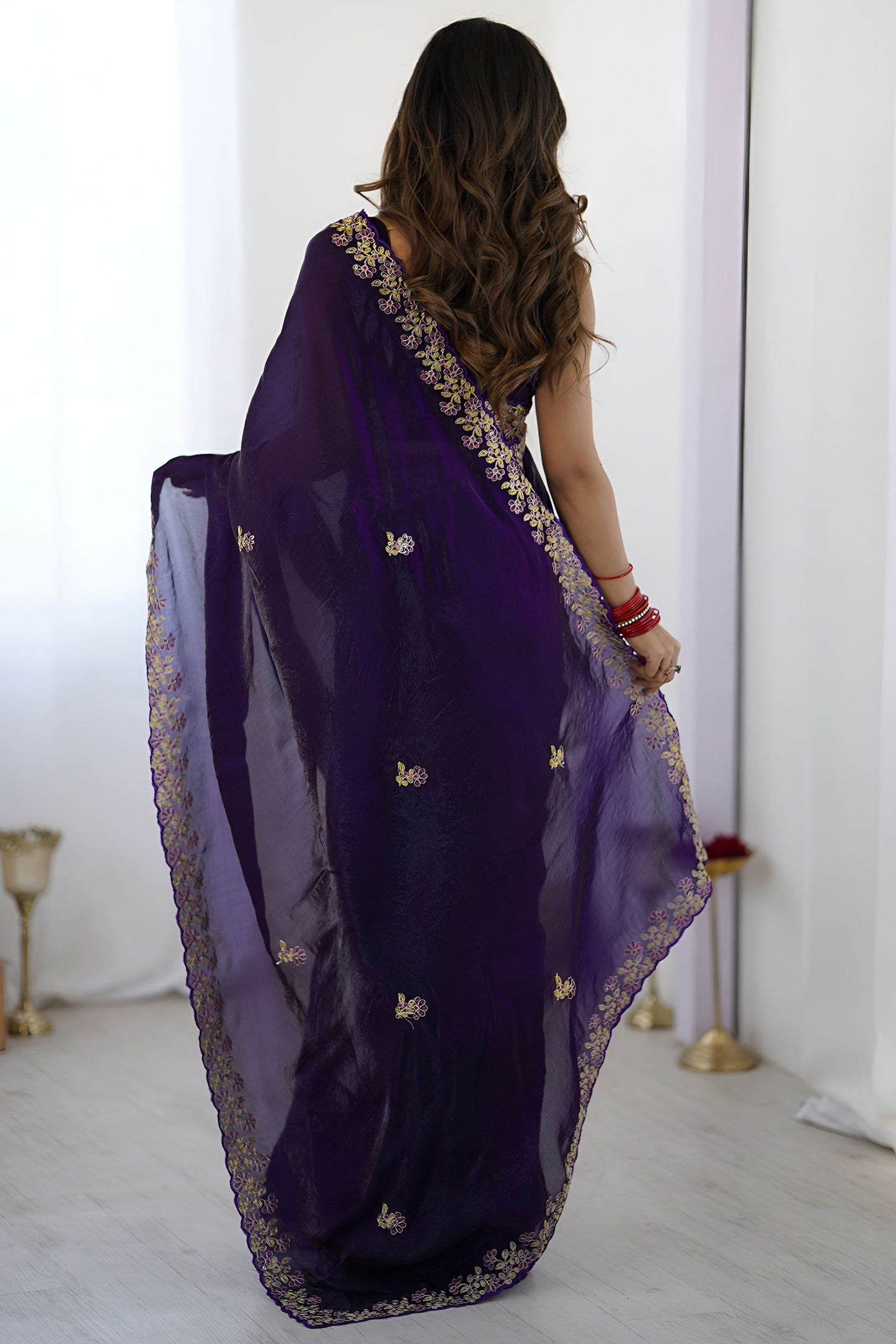 Purple Georgette Saree with Gold Embroidered Border Designer Party Wear