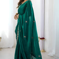 Bottle Green Georgette Saree Gold Embroidered Border Designer Saree