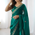 Bottle Green Georgette Saree Gold Embroidered Border Designer Saree