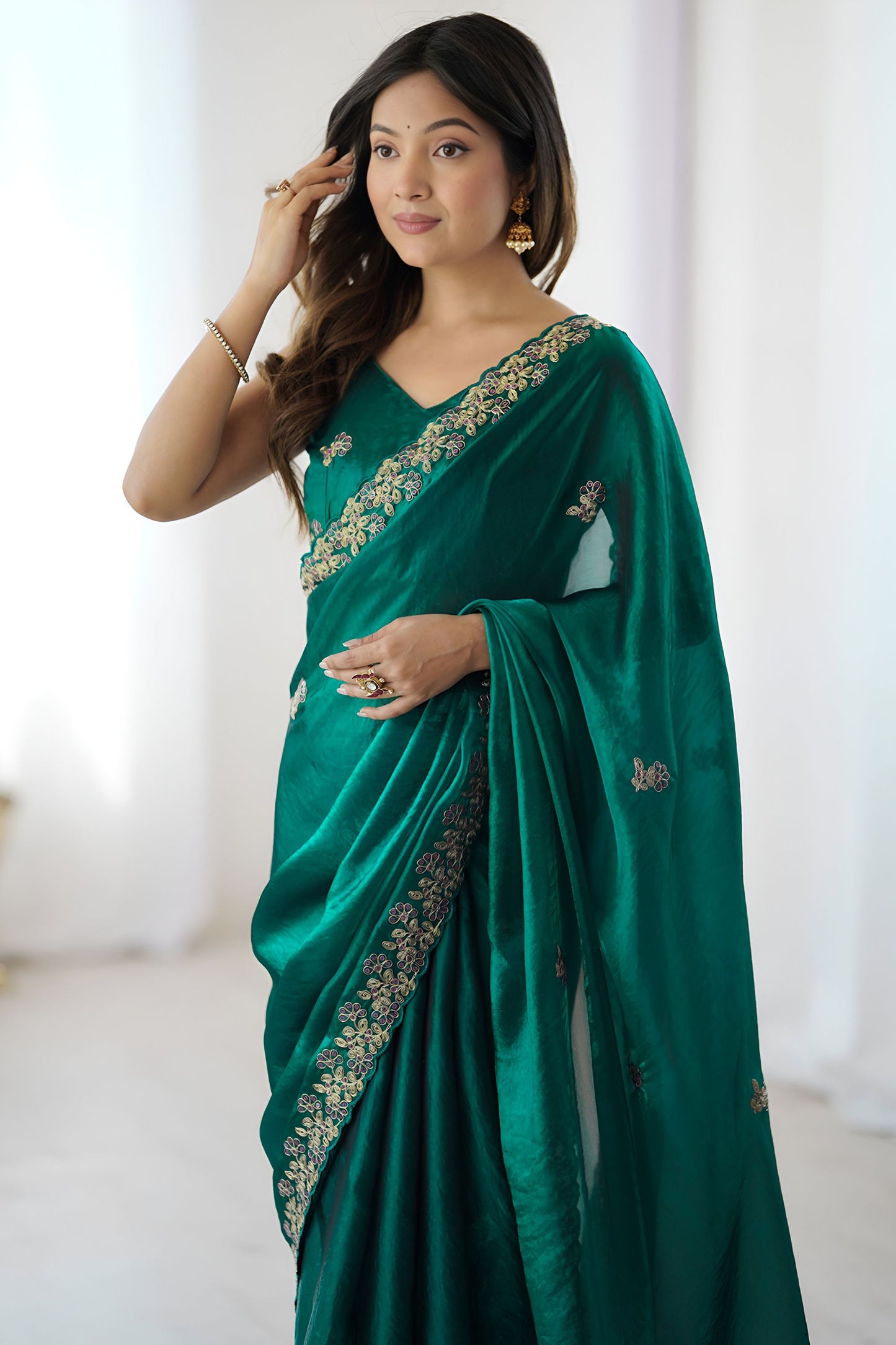 Bottle Green Georgette Saree Gold Embroidered Border Designer Saree