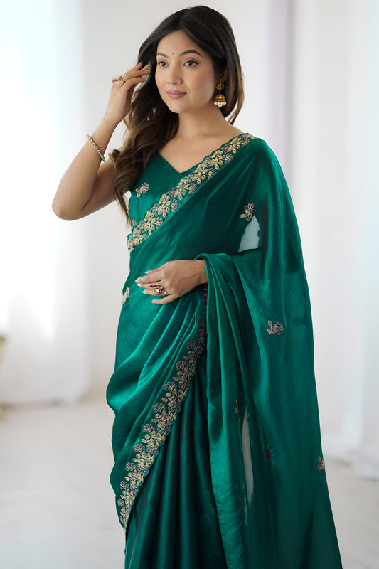 Bottle Green Georgette Saree Gold Embroidered Border Designer Saree