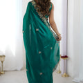 Bottle Green Georgette Saree Gold Embroidered Border Designer Saree