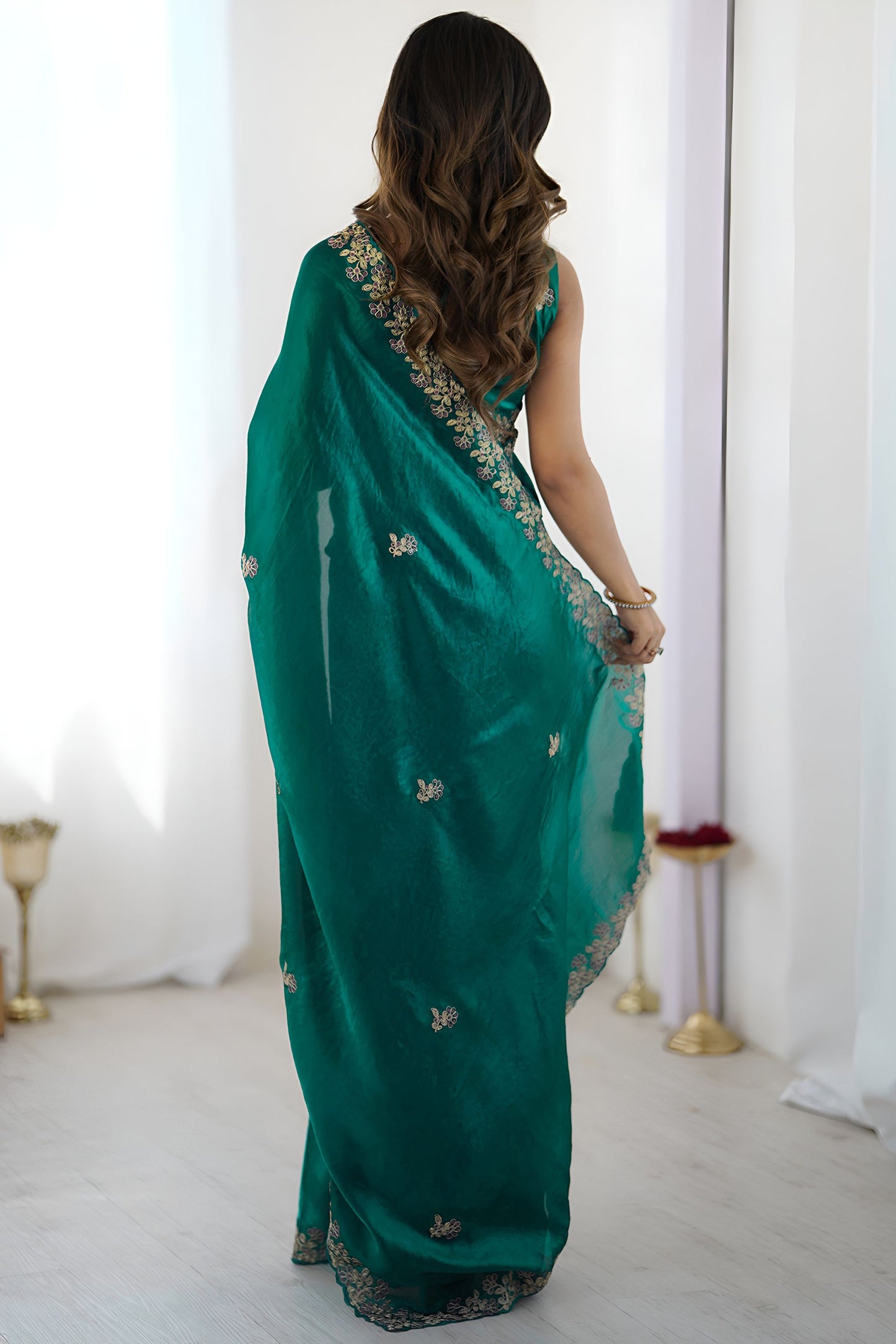 Bottle Green Georgette Saree Gold Embroidered Border Designer Saree