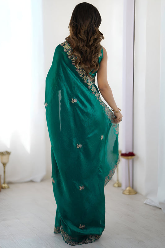 Bottle Green Georgette Saree Gold Embroidered Border Designer Saree