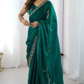 Bottle Green Georgette Saree Gold Embroidered Border Designer Saree