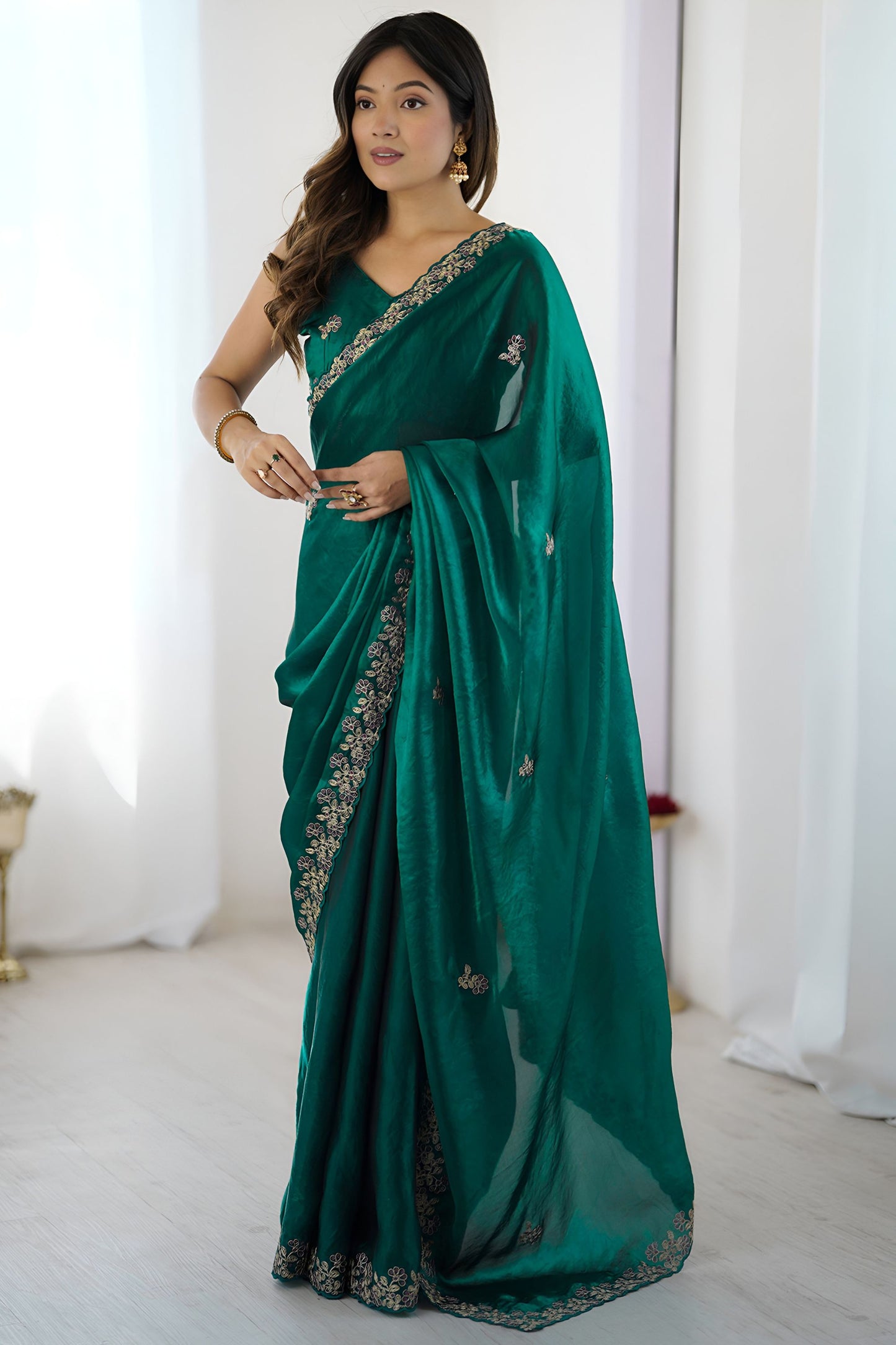 Bottle Green Georgette Saree Gold Embroidered Border Designer Saree