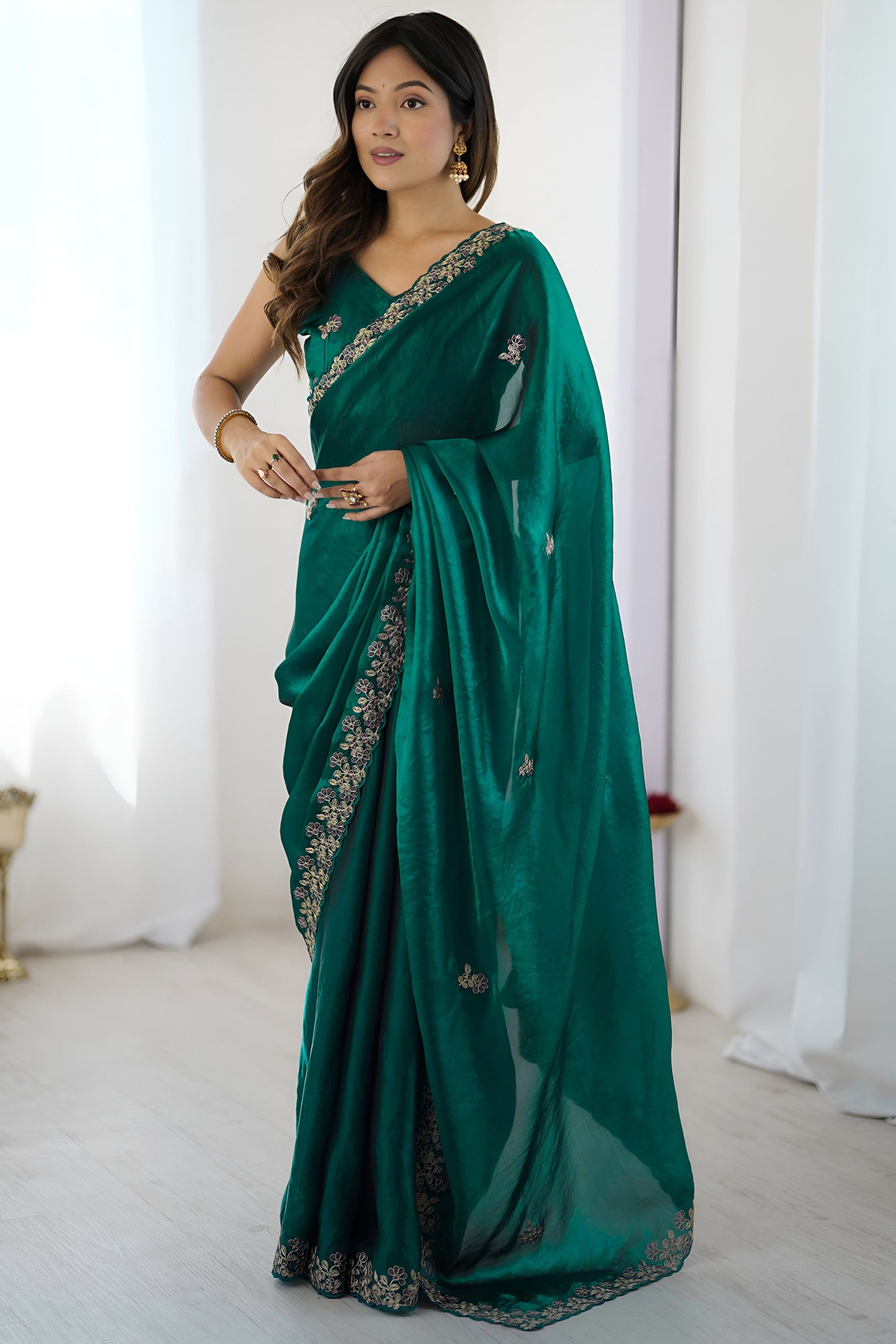 Bottle Green Georgette Saree Gold Embroidered Border Designer Saree