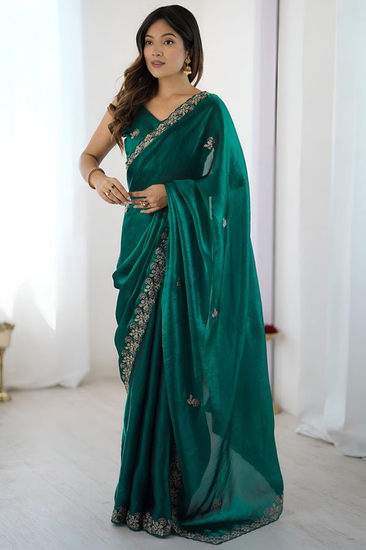Bottle Green Georgette Saree Gold Embroidered Border Designer Saree
