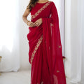 Red Georgette Saree Gold Embroidered Border  Designer Saree