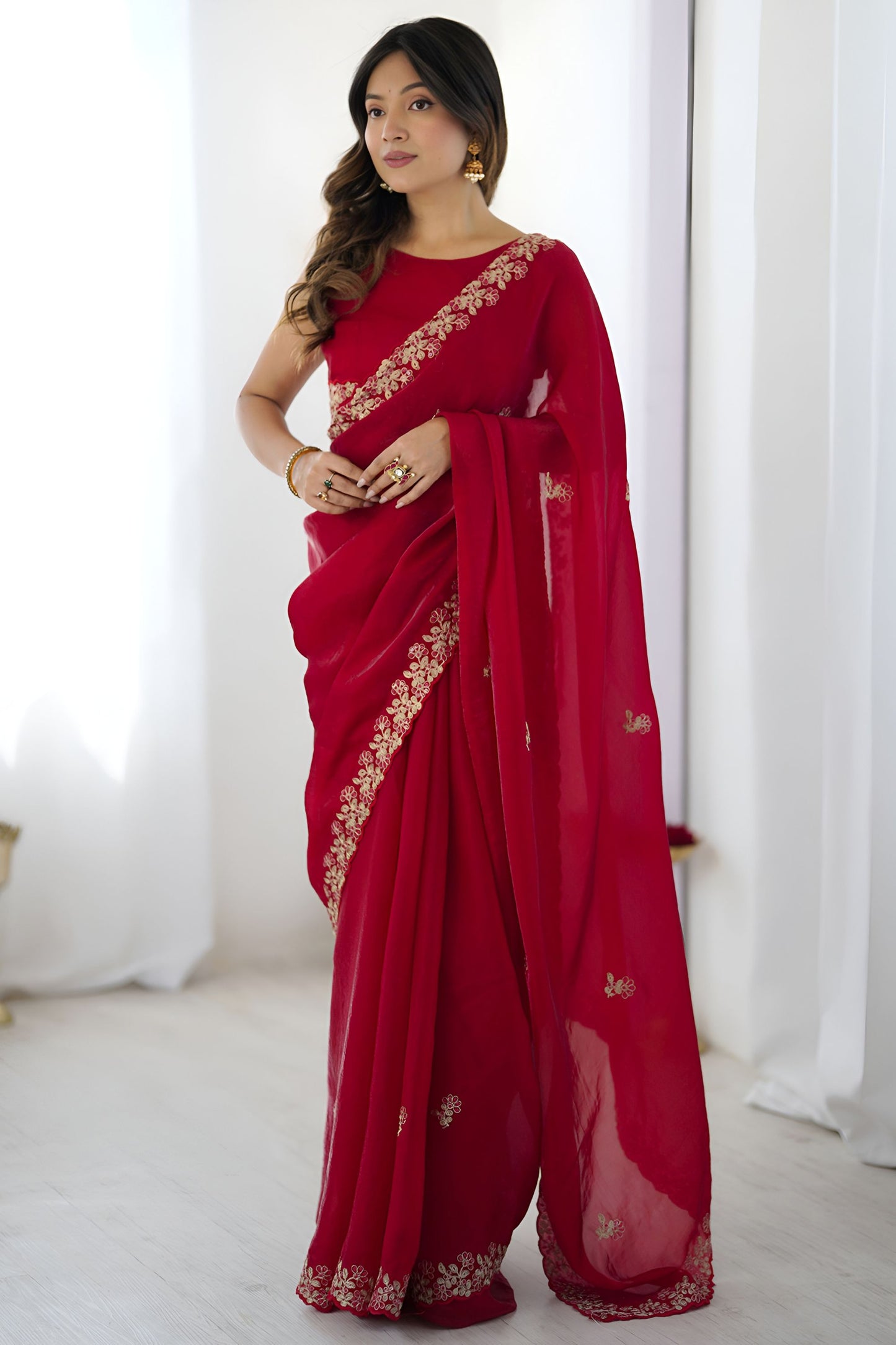 Red Georgette Saree Gold Embroidered Border  Designer Saree