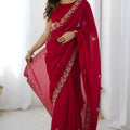Red Georgette Saree Gold Embroidered Border  Designer Saree