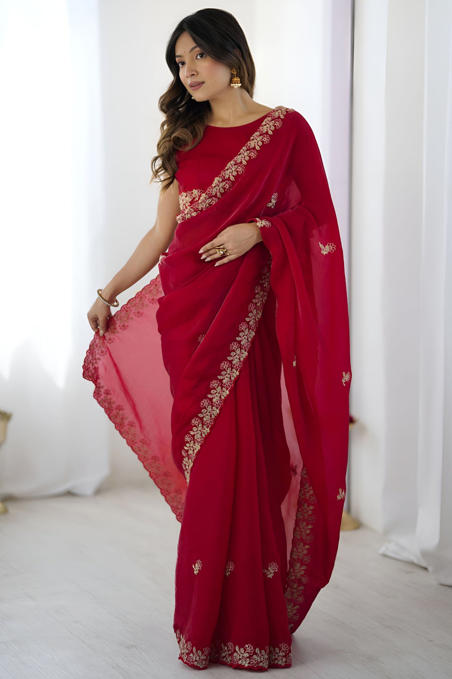 Red Georgette Saree Gold Embroidered Border  Designer Saree