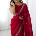 Red Georgette Saree Gold Embroidered Border  Designer Saree