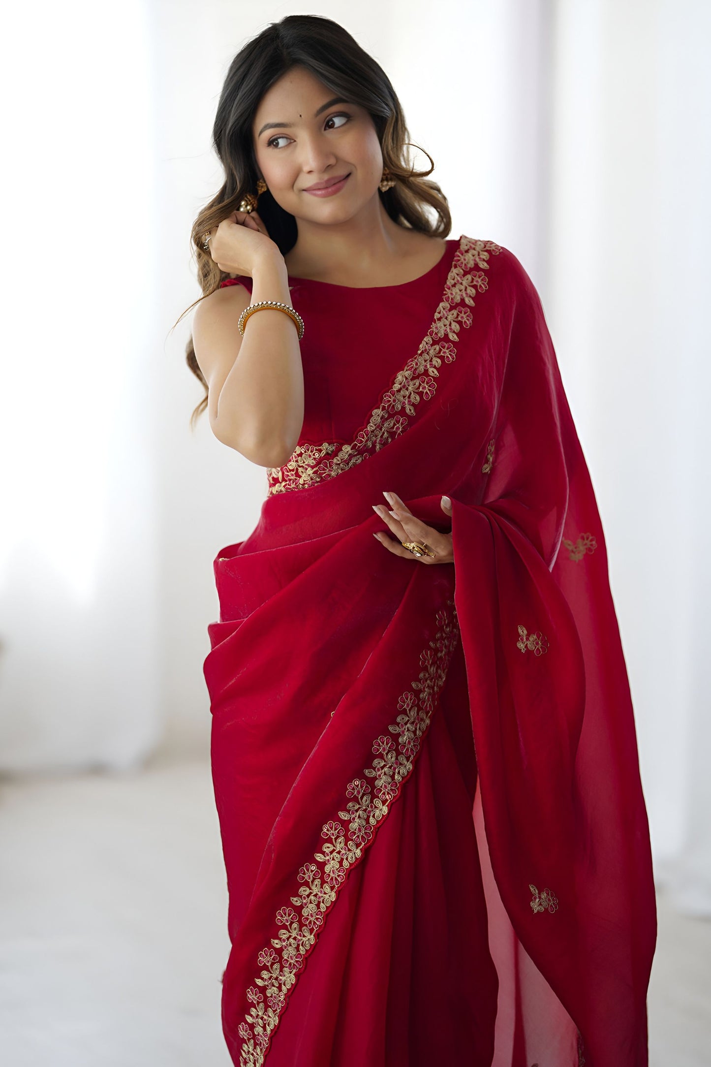 Red Georgette Saree Gold Embroidered Border  Designer Saree