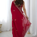 Red Georgette Saree Gold Embroidered Border  Designer Saree