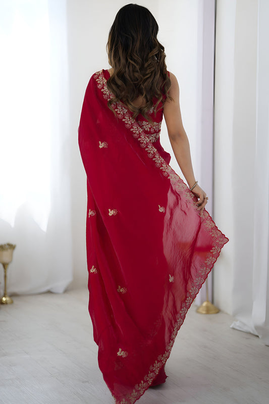 Red Georgette Saree Gold Embroidered Border  Designer Saree