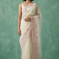 Off-White Organza Saree Pink Floral Embroidered Border Designer Blouse