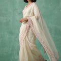 Off-White Organza Saree Pink Floral Embroidered Border Designer Blouse