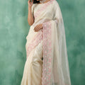 Off-White Organza Saree Pink Floral Embroidered Border Designer Blouse
