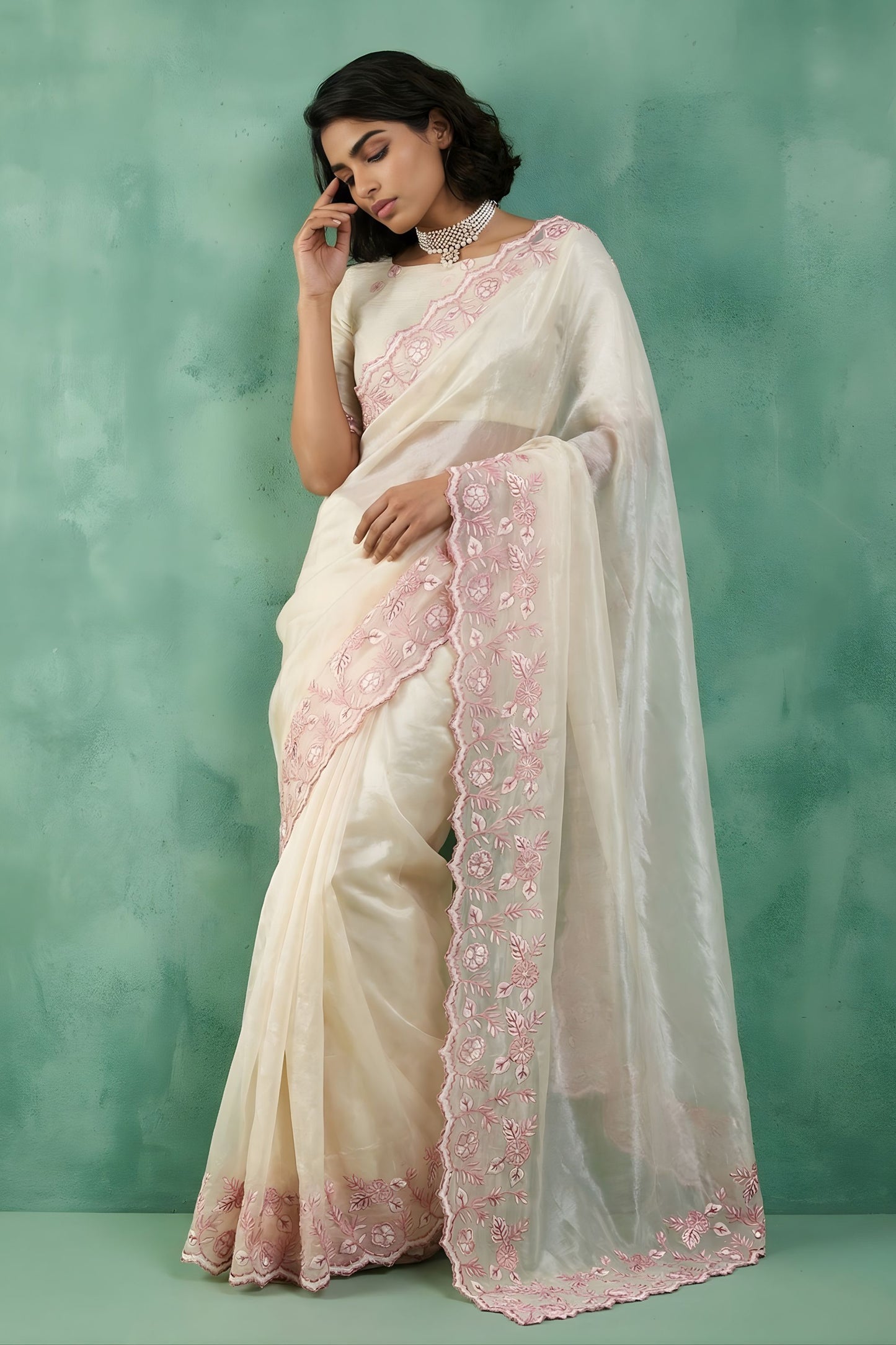 Off-White Organza Saree Pink Floral Embroidered Border Designer Blouse