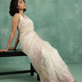 Off-White Organza Saree Pink Floral Embroidered Border Designer Blouse