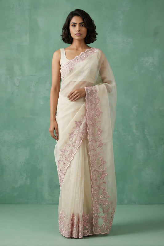Off-White Organza Saree Pink Floral Embroidered Border Designer Blouse