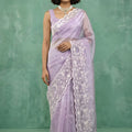 Lavender Organza Saree White Floral Embroidered Border Designer Blouse