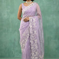 Lavender Organza Saree White Floral Embroidered Border Designer Blouse