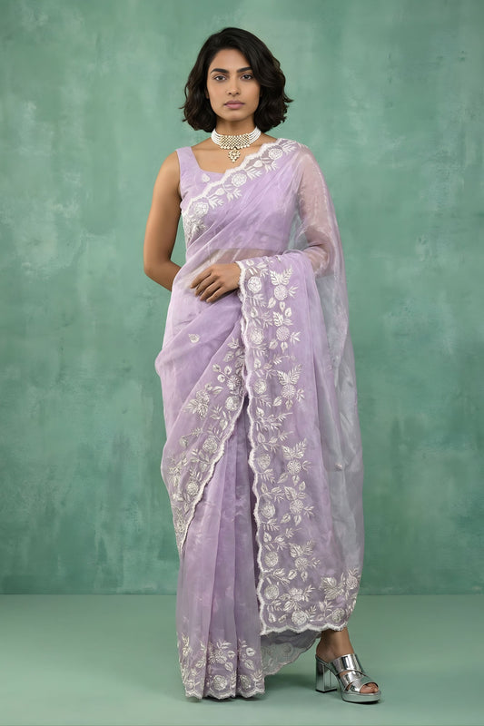Lavender Organza Saree White Floral Embroidered Border Designer Blouse