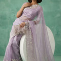 Lavender Organza Saree White Floral Embroidered Border Designer Blouse