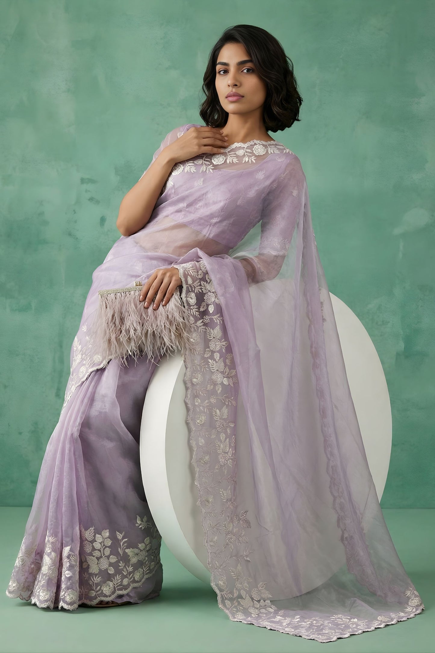 Lavender Organza Saree White Floral Embroidered Border Designer Blouse