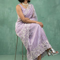 Lavender Organza Saree White Floral Embroidered Border Designer Blouse