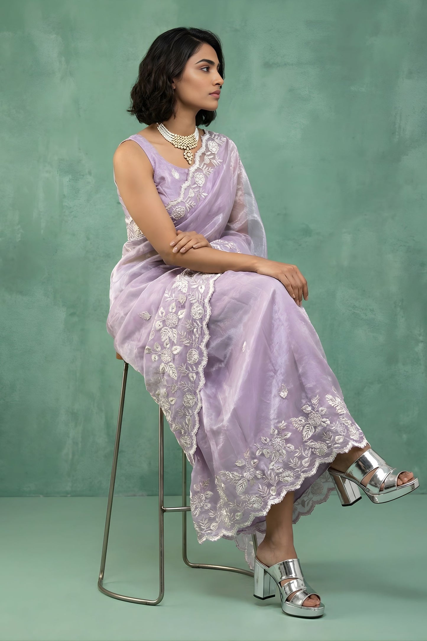 Lavender Organza Saree White Floral Embroidered Border Designer Blouse